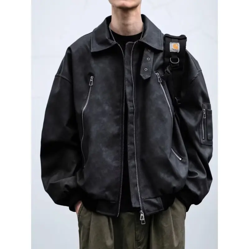 

Retro Leather Jaet Men's Spring Autumn Pilot Design Versatile American Motorcycle Clothes Trendy Loose Fit Zipper