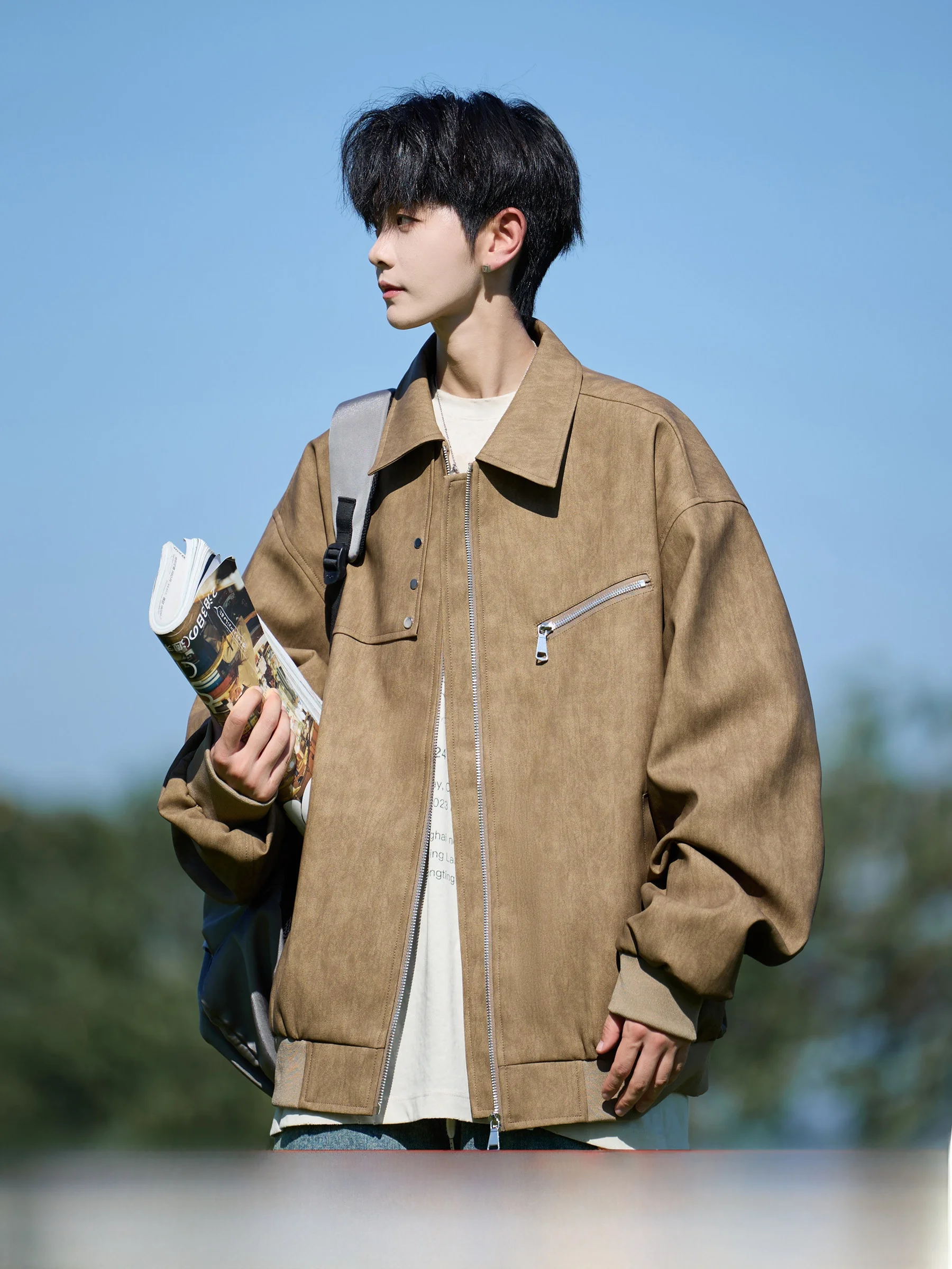 

American Sle PU Leather Jaet Men's Spring Autumn Flip Collar Cool High Sensation Motorcycle Clothes Trendy Youth Outerwear