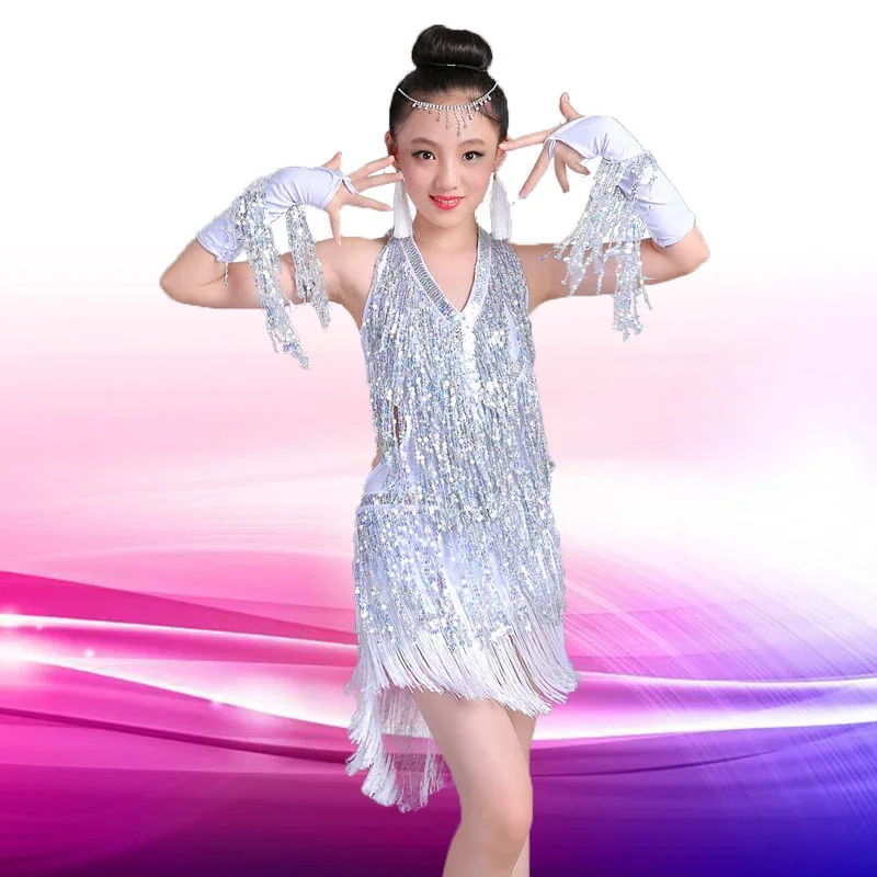 1set/lot children fashion latin sequin dress girls girl show dance v-neck tassel kids dancing dress 4colors frange paillettes