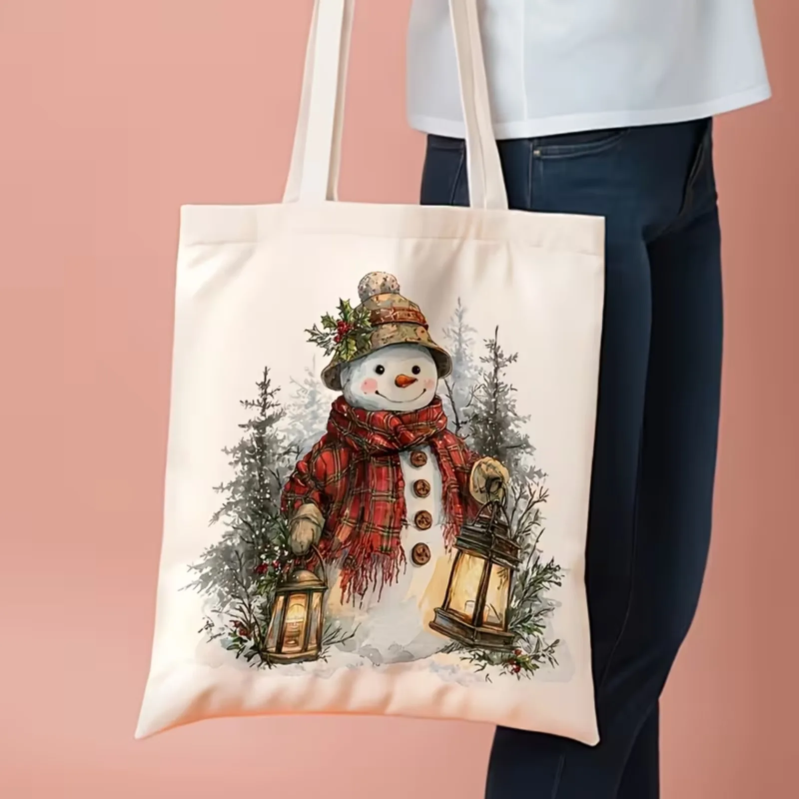 Christmas Holiday Gift Canvas Tote Bag Snowman With Lantern Plaid Scarf Winter Pine Tree Print Shopping Shoulder Bag for Women