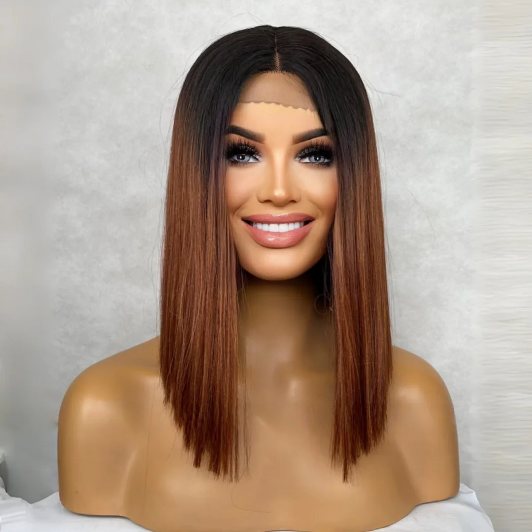 

Ombre Brown Straight 14inch 5*5 Lace Front Hair 100% Human Hair Wig 150 Density with Baby Hair Pre-Plucked Soft Hair Wig
