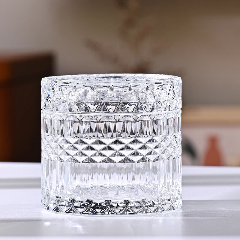 Transparent Glass Jar Jewelry Cotton Swabs Storage Box Embossed European Storage Box Home Decoration Ornaments Storage Jar