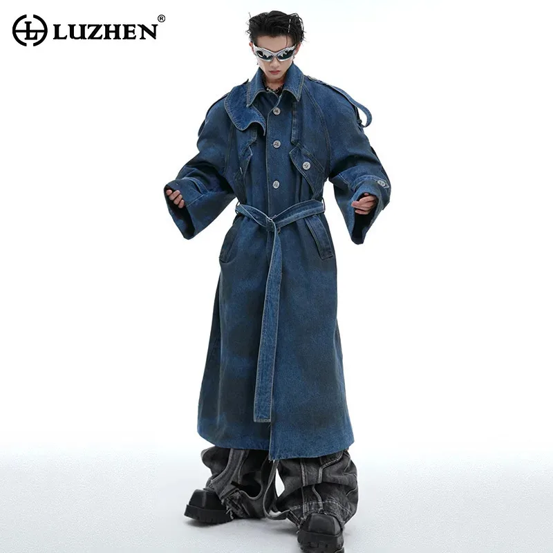 

LUZHEN Denim Men Long Trench Coat Double-layer Designer Original Wornout Personalized Trendy Streetwear Male Windbreaker LZ5251