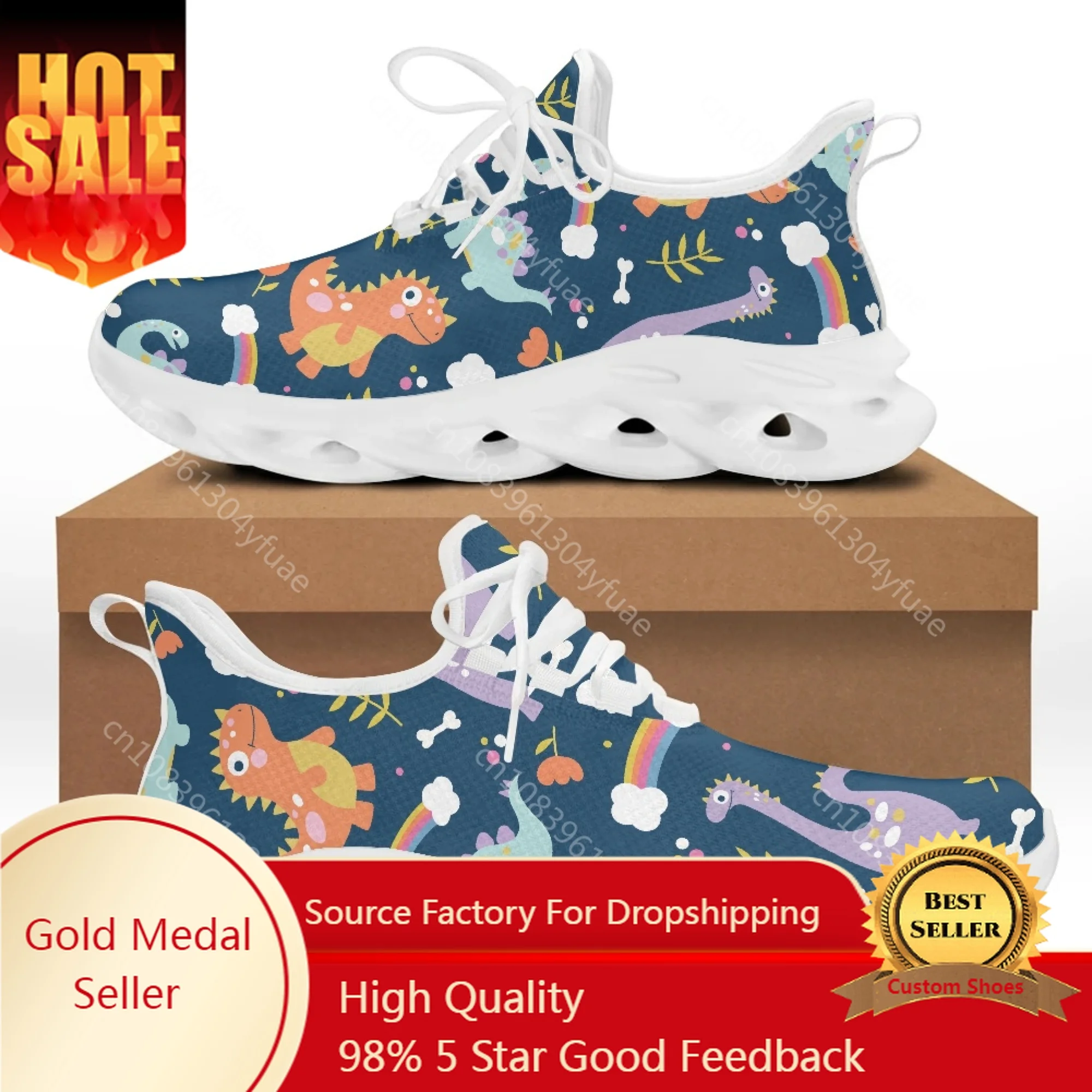 Yikeluo Unisex Lightweight Lace-up Mesh Snekaers Cute Cartoon Dinosaur Print Cool Non-Slip Platform Shoes for Women Tennis Shoes