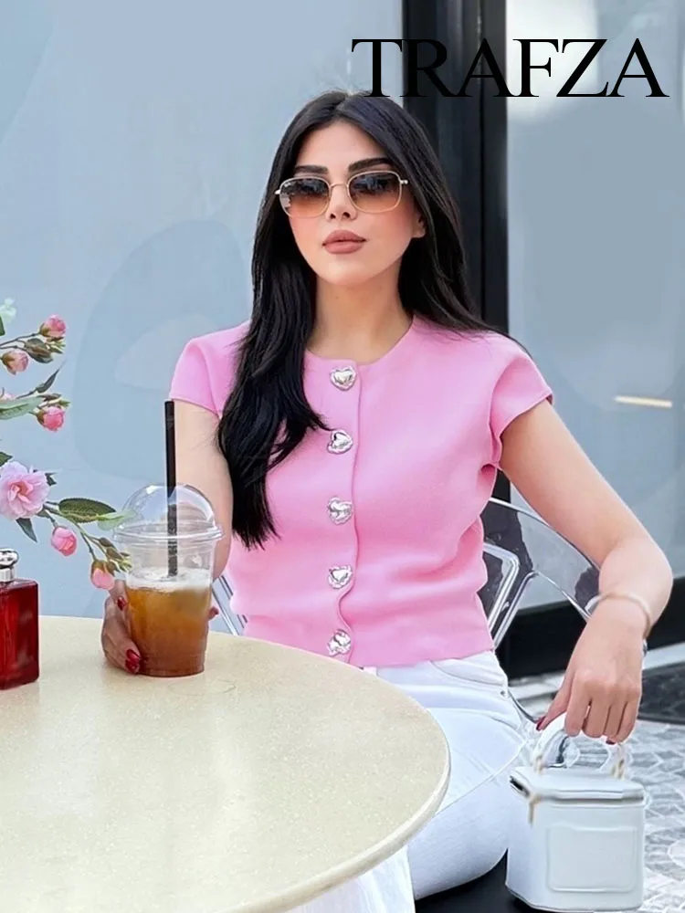 

TRAFZA Women's Summer Chic Slim Sweater Tops Solid O-Neck Single-Breasted Tops Female New Fashion Knitted Sleeveless Tops