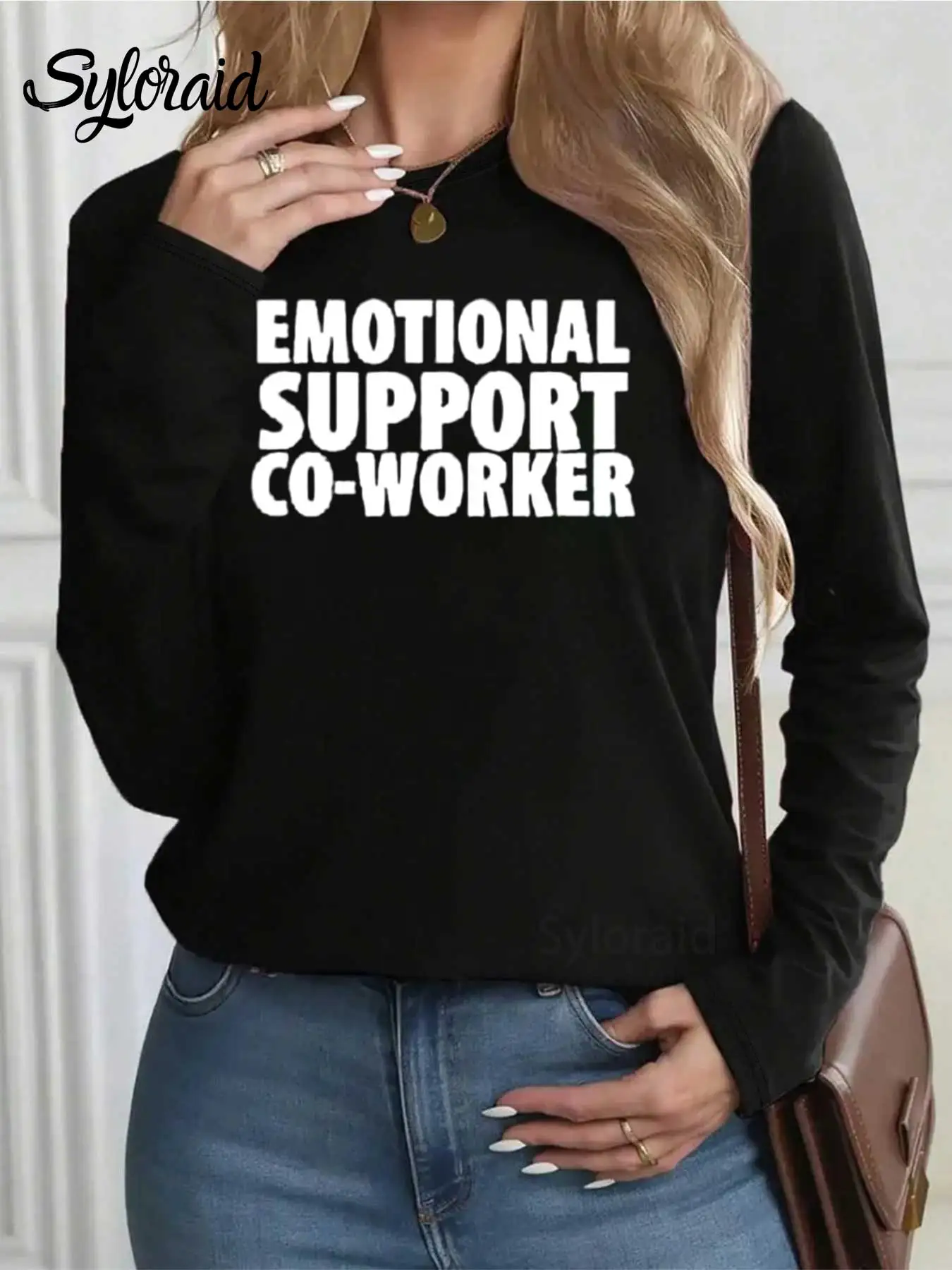 レディース長袖Tシャツ 感情的なサポート 同僚Tシャツ 面白い引用シャツ ファッション ラウンドネック カジュアルトップ