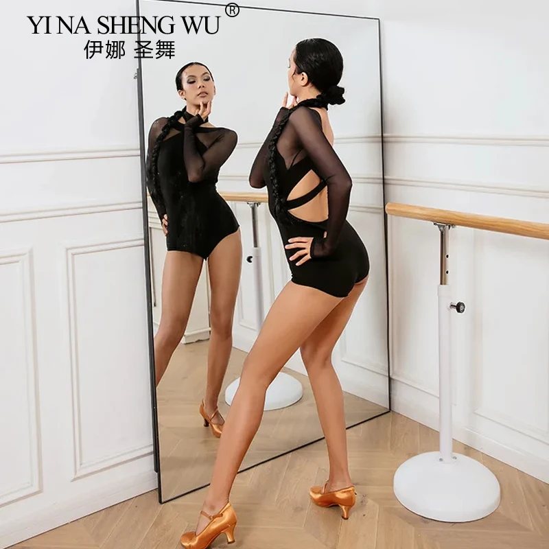 Femmes danse latine noir haut dos nu combinaison body salle de bal danse latine justaucorps d'entraînement Samba Rumba Cha Cha vêtements de pratique
