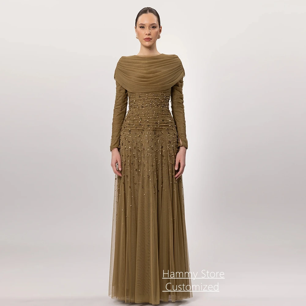 Customized Prom Dress Fashion Round Neck Long Sleeves Ruched Beading Crystal Floor Length Tulle Arabian Prom Party Gown
