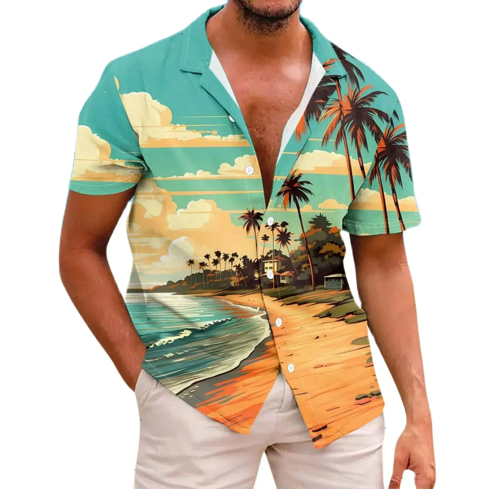 Coconut Tree Printed Men\'s Shirts Summer Loose Short Sleeve Lapel Hawaiian Beach Holiday Shirts Casual Button Down Shirts For Me