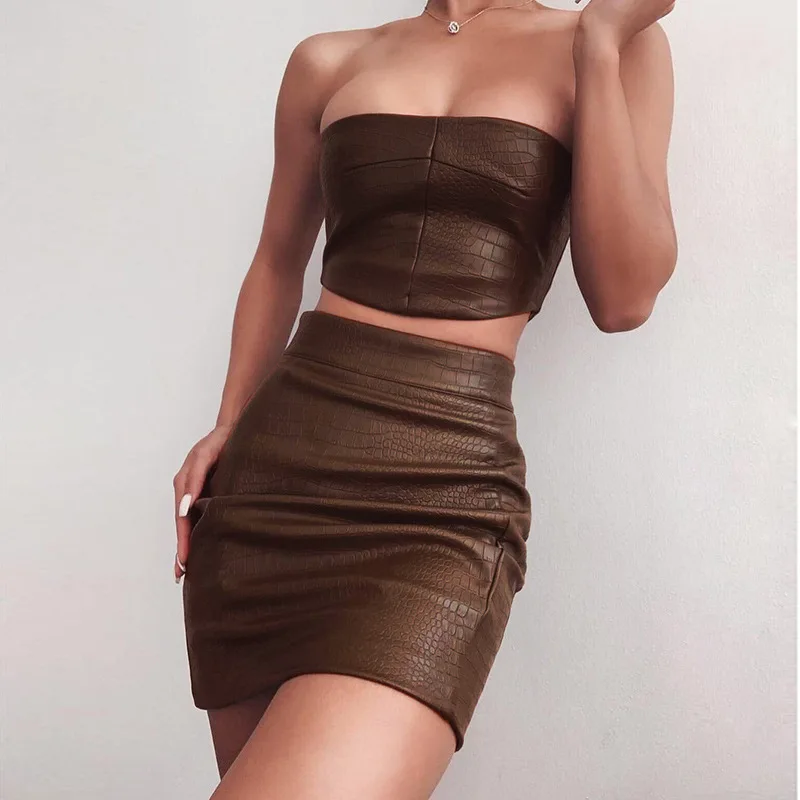 Style 2025 Spring and Summer New Models, Sexy Tube Top and Thin Hip Skirt Women's PU Skirt Set Conjunto Femenino