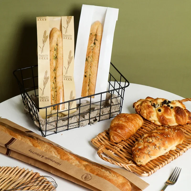 100 pcs Oil Proof Kraft Paper Yogurt Bread Bread Bags Soft Baguette Baking Packaging Dharma Stick Long Strip Packaging Paper Bag