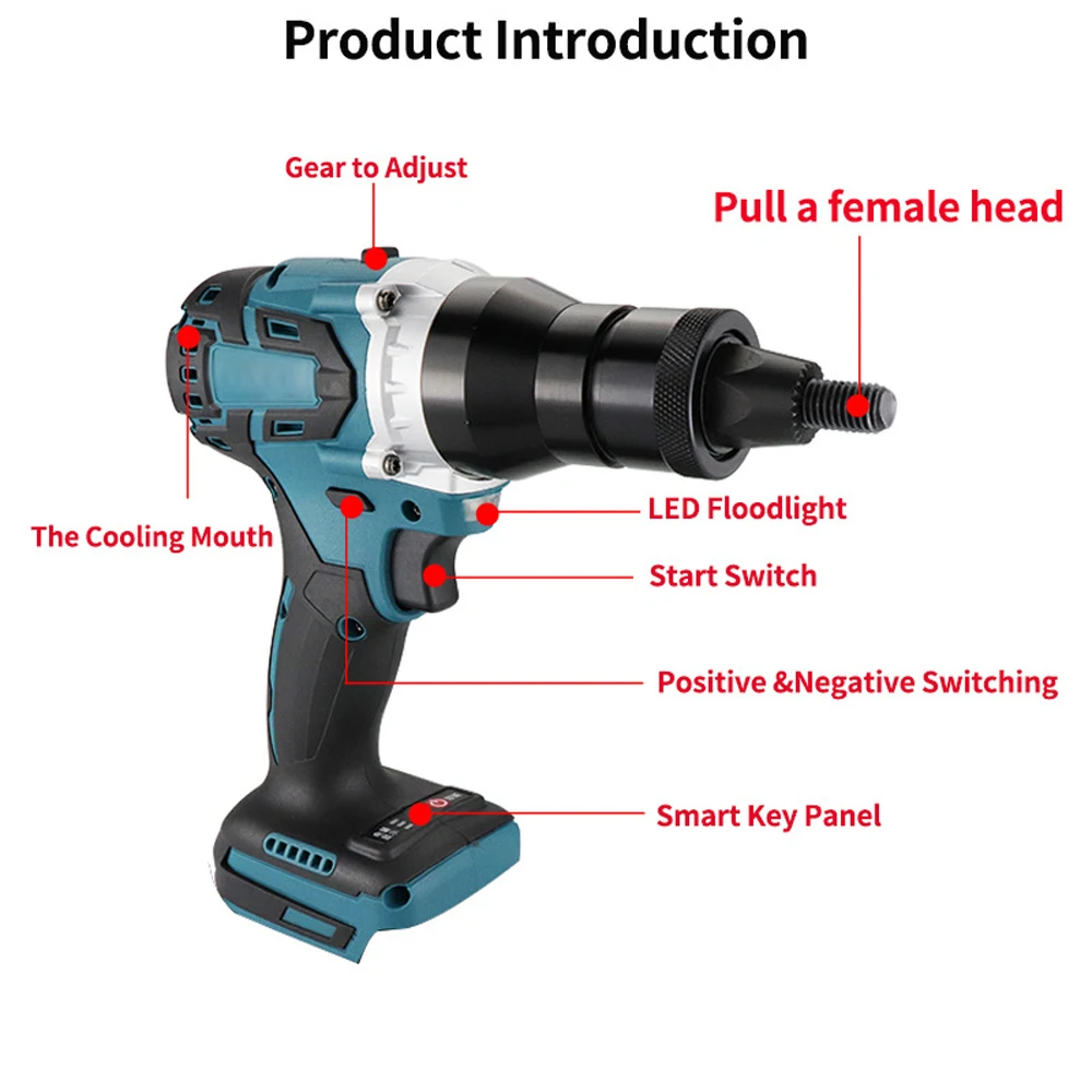 Imagem -05 - Brushless Elétrica Rivet Gun Machine Kit Poderoso Recarregável Automático Nut Gun Rebitador Ferramenta Cabeça de Rebitador M3-m12