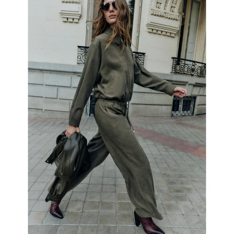 سحاب طويل Sve بياقة منتفخة الطيار Jaet 8372369 ارتفاع الخصر بنطال ذو قصة أرجل واسعة 8372364 عارضة Sle الشتاء Faion مجموعة ل...