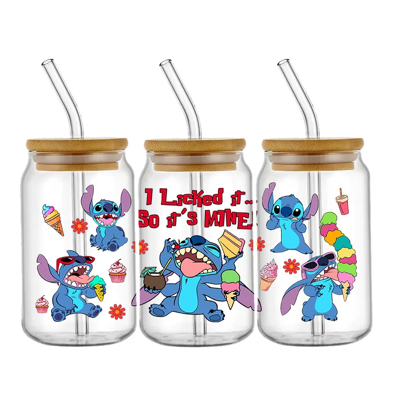 Disney Stitch 16oz UV DTF Cup Wrap Cartoon Transfers Libbey Wrap Tumbler DIY Logo Sticker Glass Can Selfadhesive Waterproof