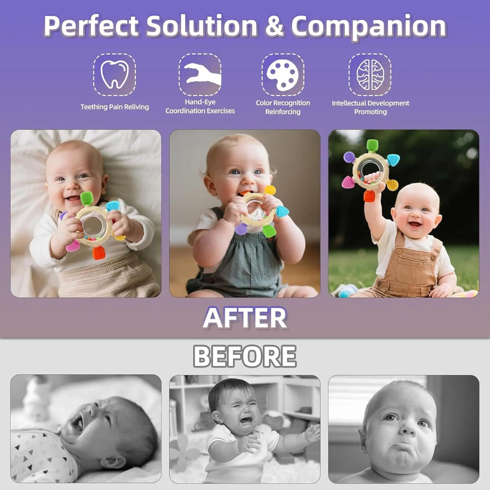 Anneaux de dentition pour bébé, sucette, jouets pour bébés, anneau de dentition sensoriel, anneaux de soulagement, hochet pour dormir, garderie, voyage, garçon et fille