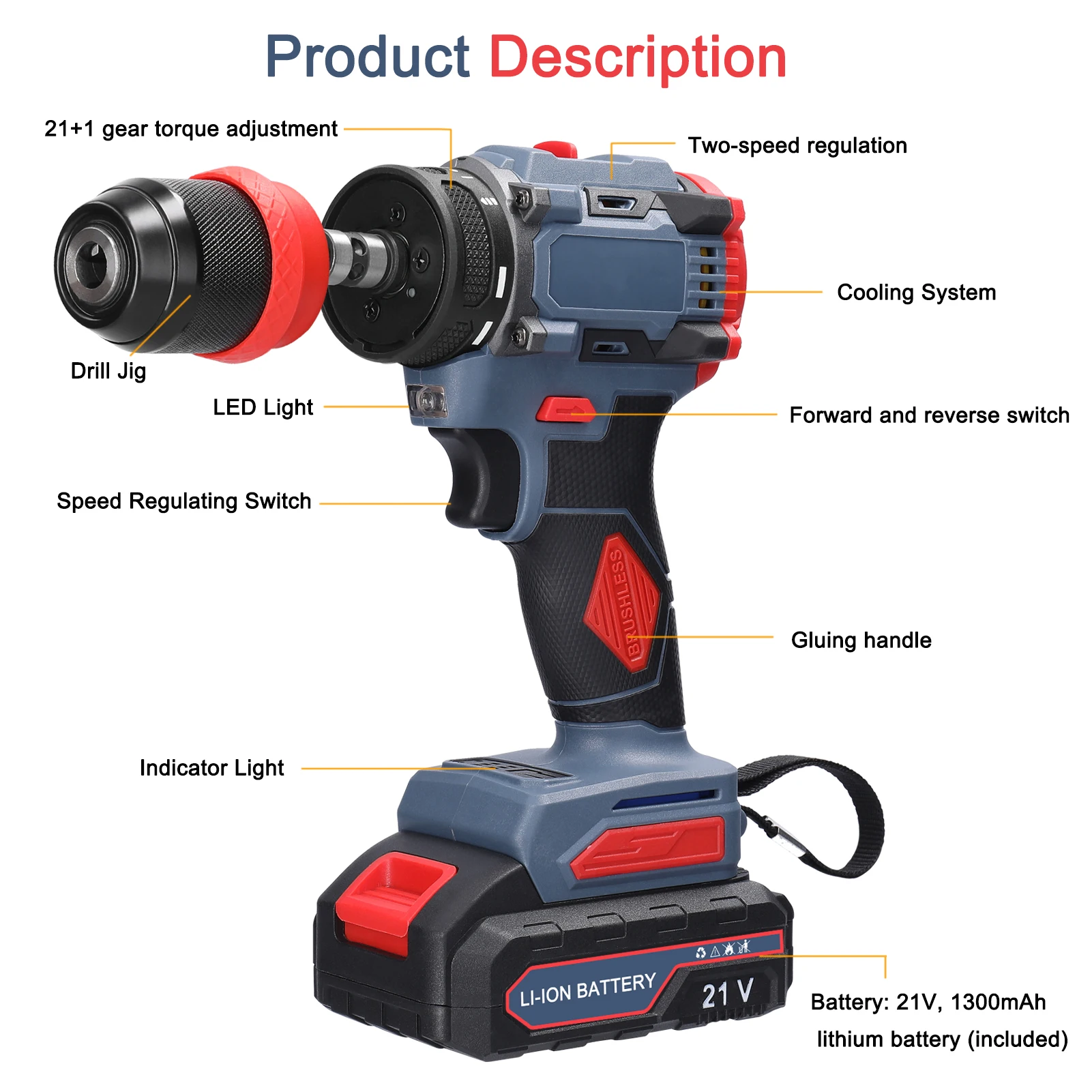 21V 2in1 Lithium Drill Electric Screwdriver Multi-function Power Tool 55Nm Torque Brushless Motor Practical Screw Driver Repair