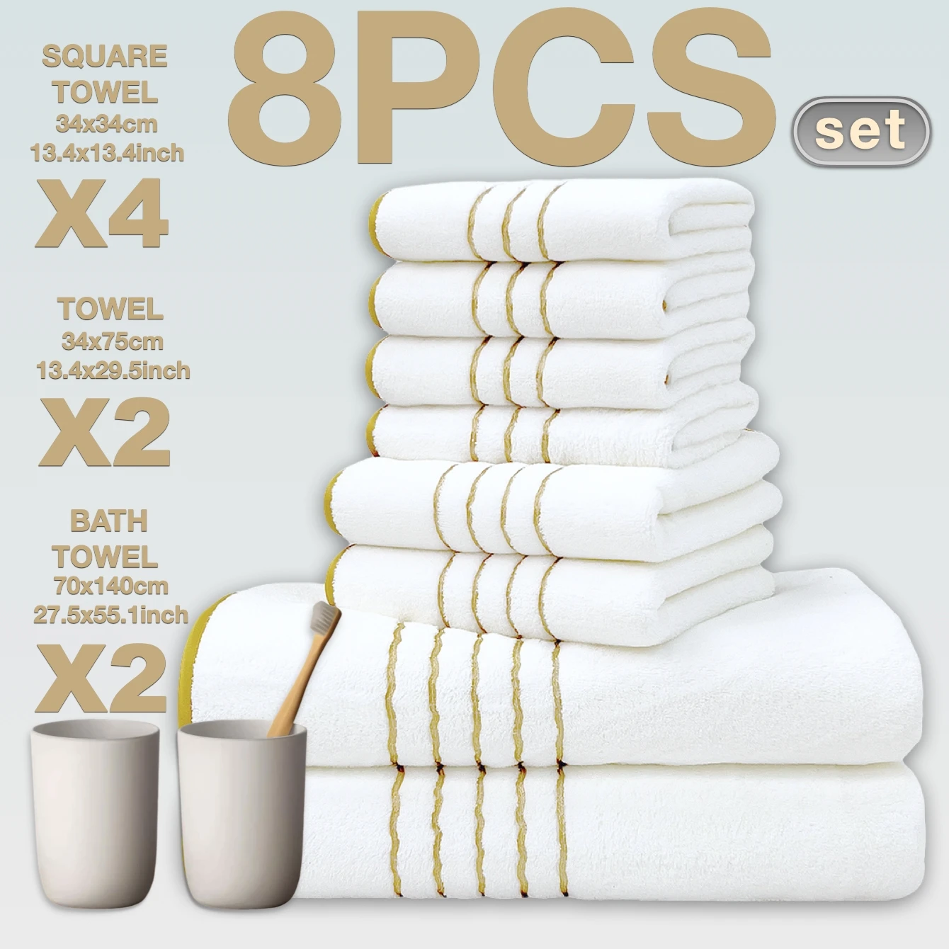 8-Piece Premium Bath Towel Set - Hotel Collection with Plush, Absorbent & Fast-Drying Towels, Bathroom Essentials for Luxury Hom