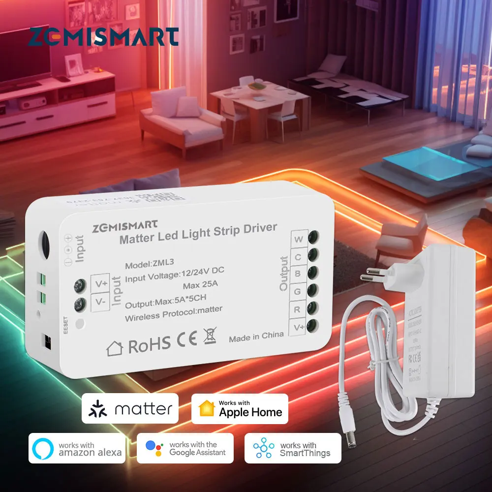 

Zemismart Matter Over WiFi LED Strip Light Controller RGBCW Smart Led Driver Works with Smartthings Alexa Google Home Homekit