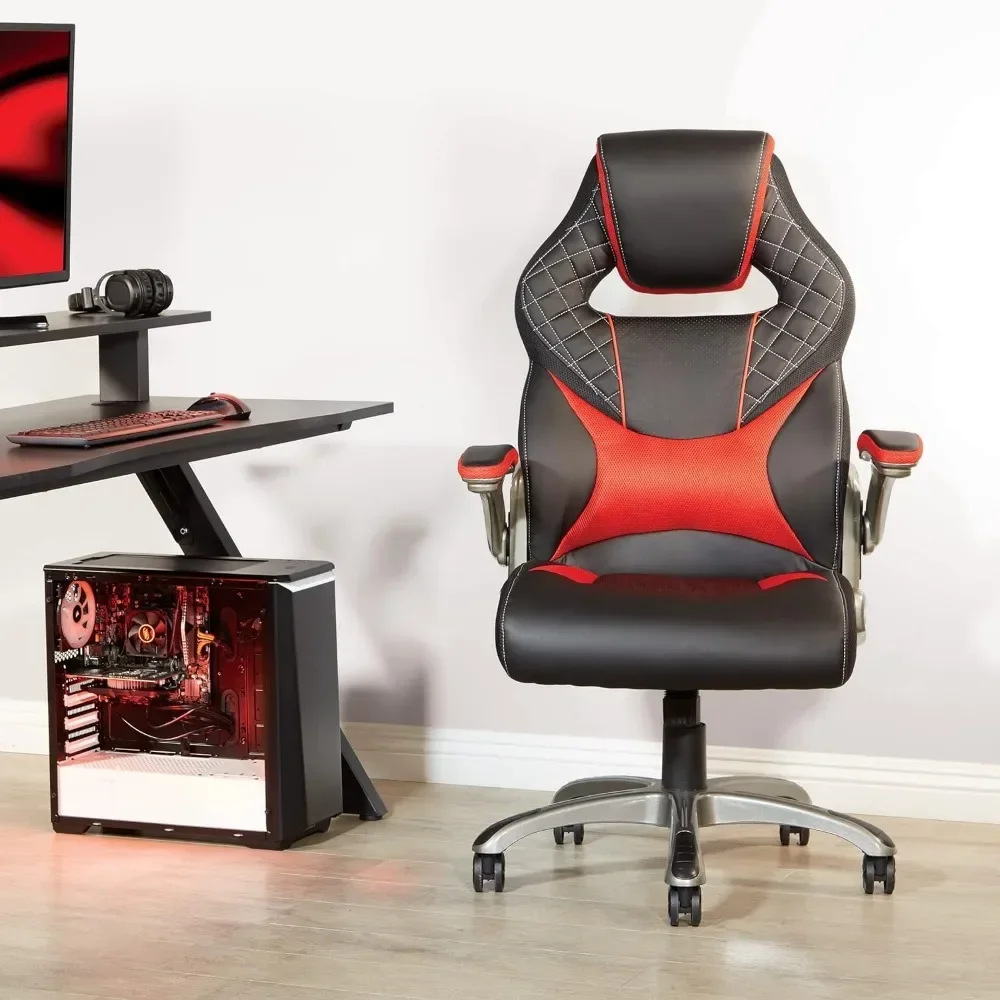 Ergonomic Adjustable High Back Faux Leather Gaming Chair With Thick Padded Coil Spring Seat and Padded Flip Arms Office