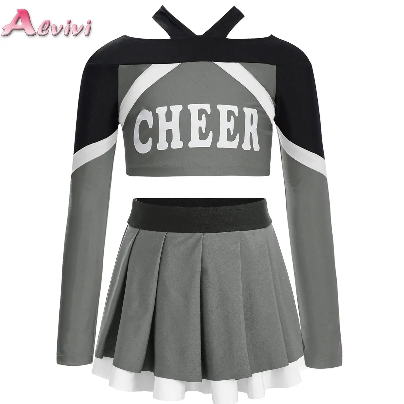 

Kids Girls Cheerleader Performance Costume Cheerleading Uniform School Girls Dance Outfit Letter Print Crop Top with Skirt Sets