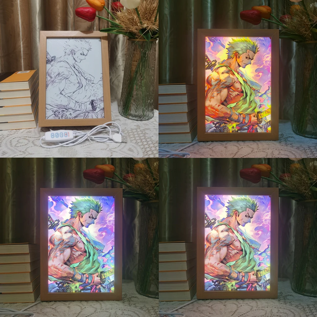 Imagem -03 - Hot Anime Led Photo Frame Lâmpada Genshin Impacto Xiao Zhongli Arte Pintura Design Luz Noturna Ataque Titan Home Decor Presente do Quarto do Miúdo