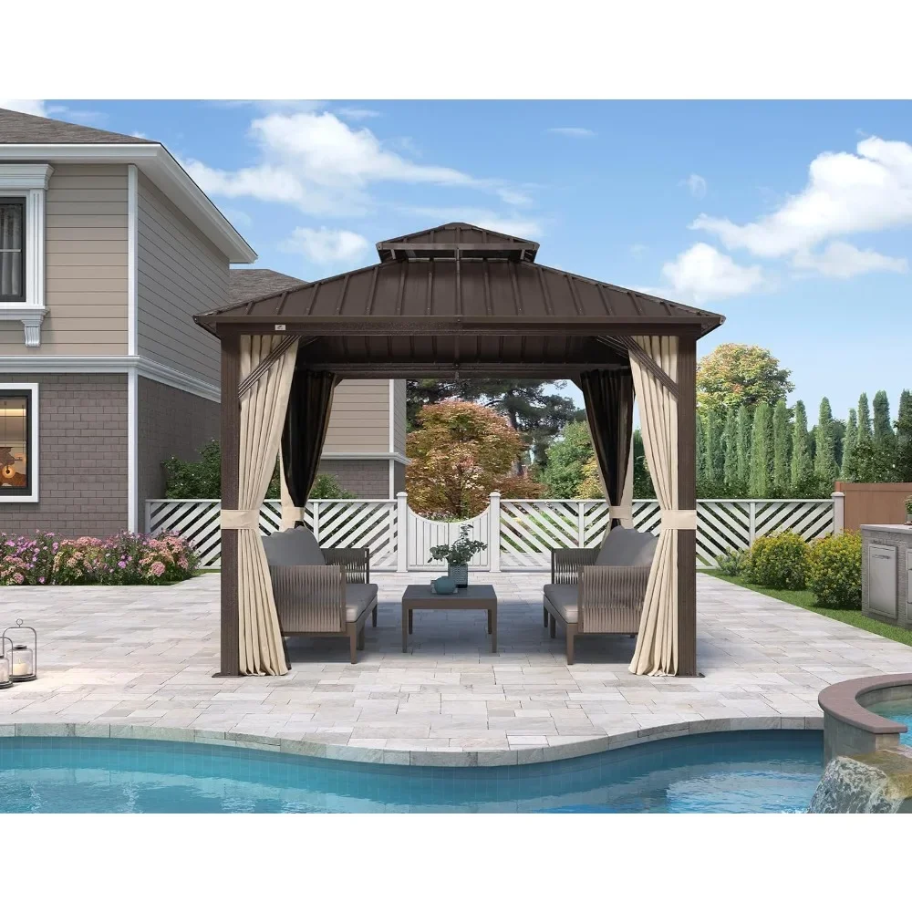 

Outdoor Hardtop Gazebo Metal Frame Galvanized Steel Double Roof with Curtains and Nettings for Patio Desk