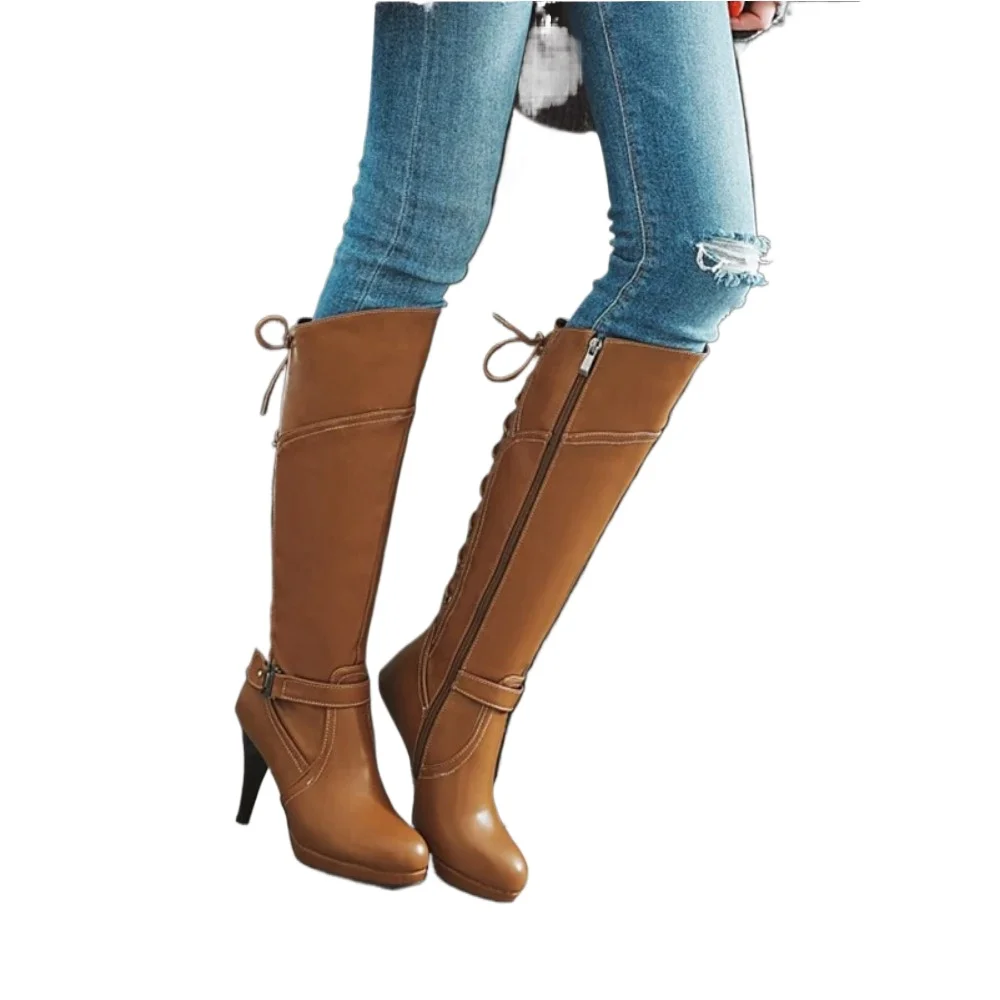 

2020 Sexy Classic Large Sizes 47 48 Platform Women Knee-high Boots Thin High Heels Patent Leather Round Toe Zip Party Shoes 9152
