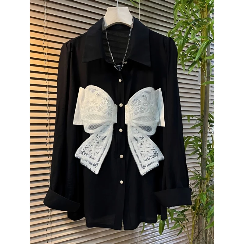 Vintage Black Loose Blouse Spring Autumn New Polo Neck Long Sleeve Solid Bow Patchwork Shirt Tops Fashion Elegant Women Clothing