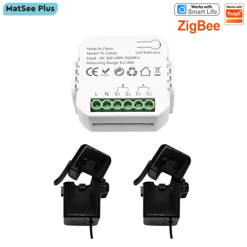 Inteligentny monitor energii Smart Life ZigBee, 1, 2-kanałowy dwukierunkowy z czujnikiem prądu, monitorowanie energii przez aplikację, AC100-240V, współpracuje z Tuya