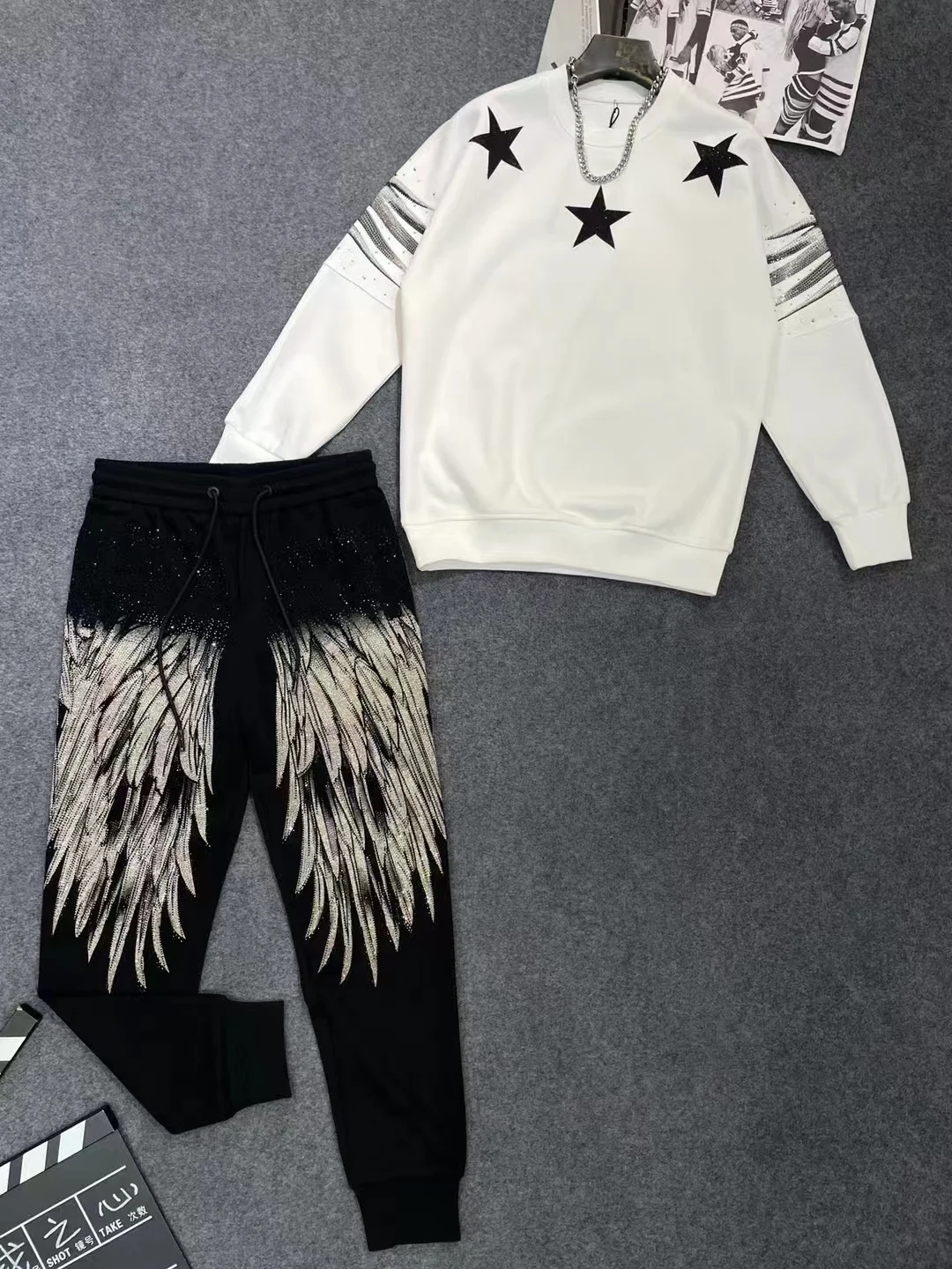 2025 New Autumn Five-Pointed Star Loose Casual Sweatshirt Starry Heavy Embroidery Rhinestone Round Neck Fashion Pullover for Men