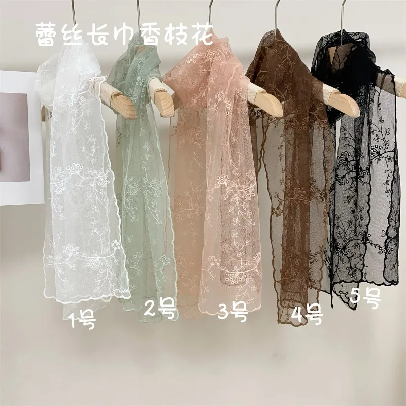 

VREOVOR Summer Lace Small Scarf Embroidered Flower Long Female Korean Version Literary and Retro Versatile Decorative Shawl