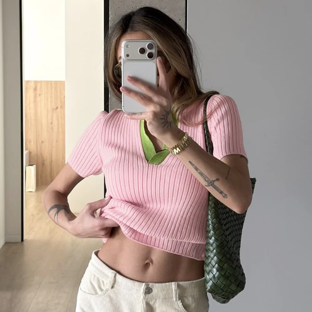 Summer Top Y2k Basic Versatile T-shirt For Women Elegant Women's Knitted T-shirt Women's Color Blocking Short Sleeve Polo Shirt