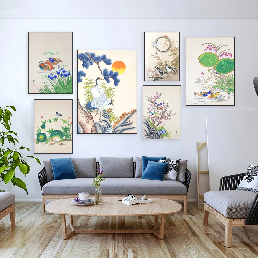 Korean traditional birds, lotus, tapeworm, eggplant, cucumber, duck, floral folk style poster, botanical art, Korean folk art