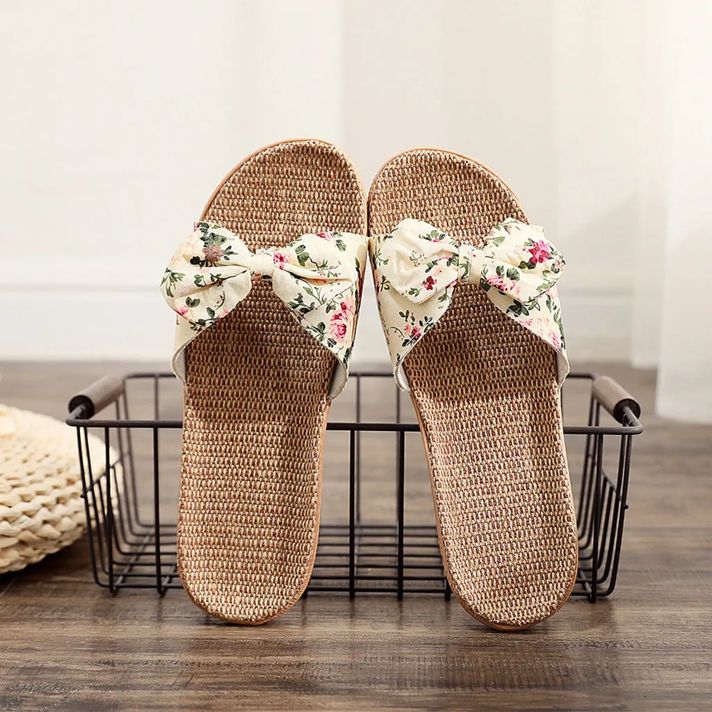 Women Summer Casual Slides Comfortable Line Silent Slippers Floral Bow Linen Flip Flops Platform Sandals Ladies Indoor Shoes