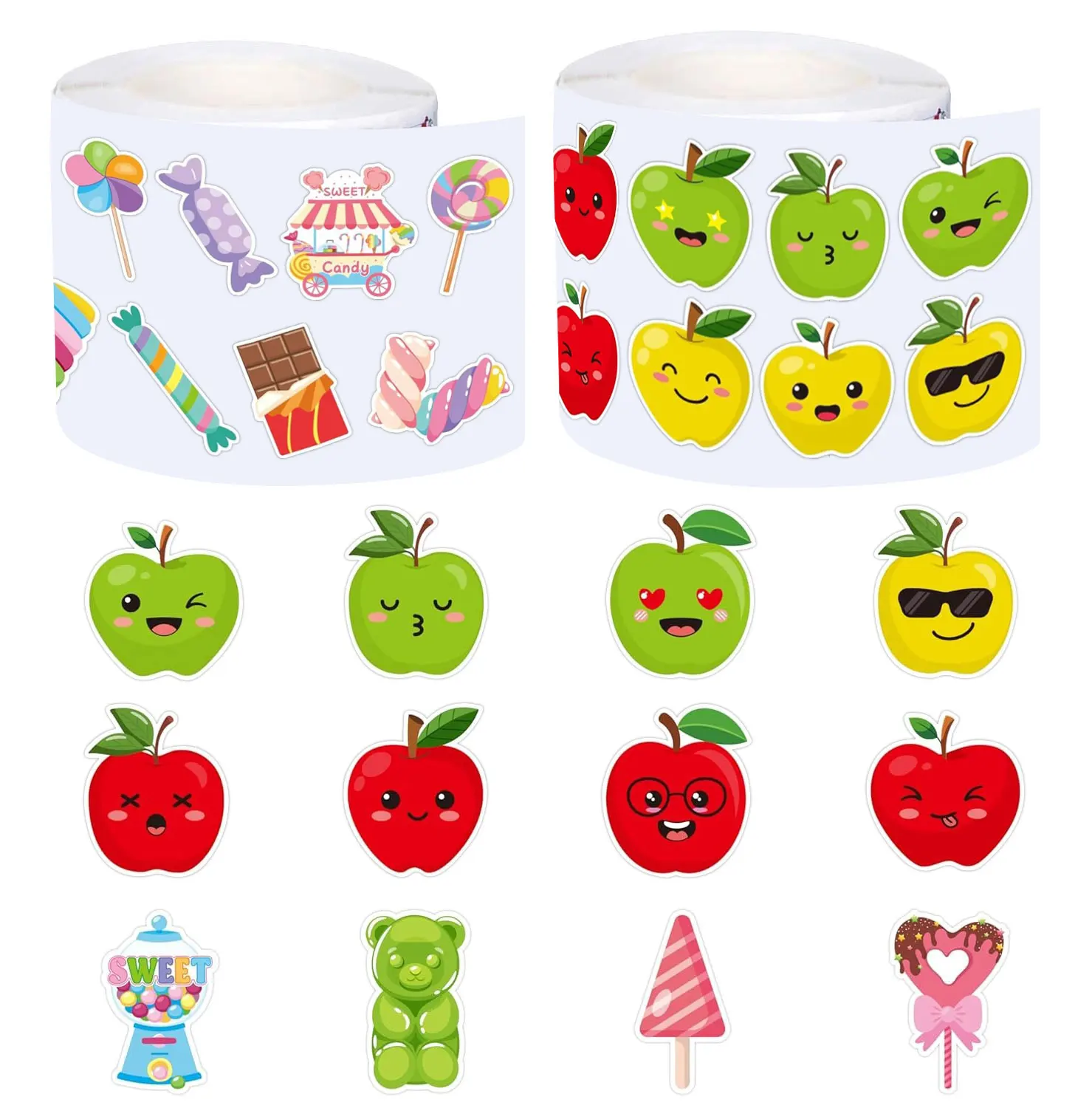 500 Stück/Rolle niedliche Cartoon-kleine Apfel-Süßigkeits-Belohnungsaufkleber, 16 Stildesigns für PC-Pad, Kühlschrank, Geschenk, DIY-Dekor, Siegeletiketten