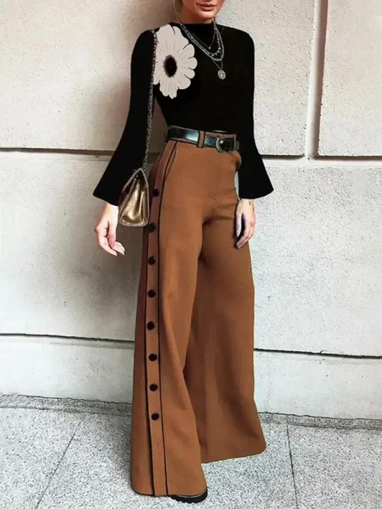 Solid color H-shaped high waisted wide leg pants