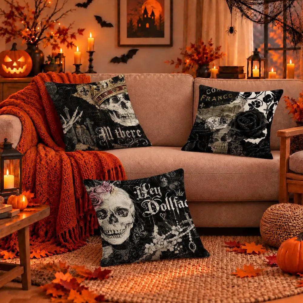 Art Gothic Grunge Skulls Halloween Cushion Cover Dark Gothic Plush Pillow Covers for Sofa Bedroom Home Decor