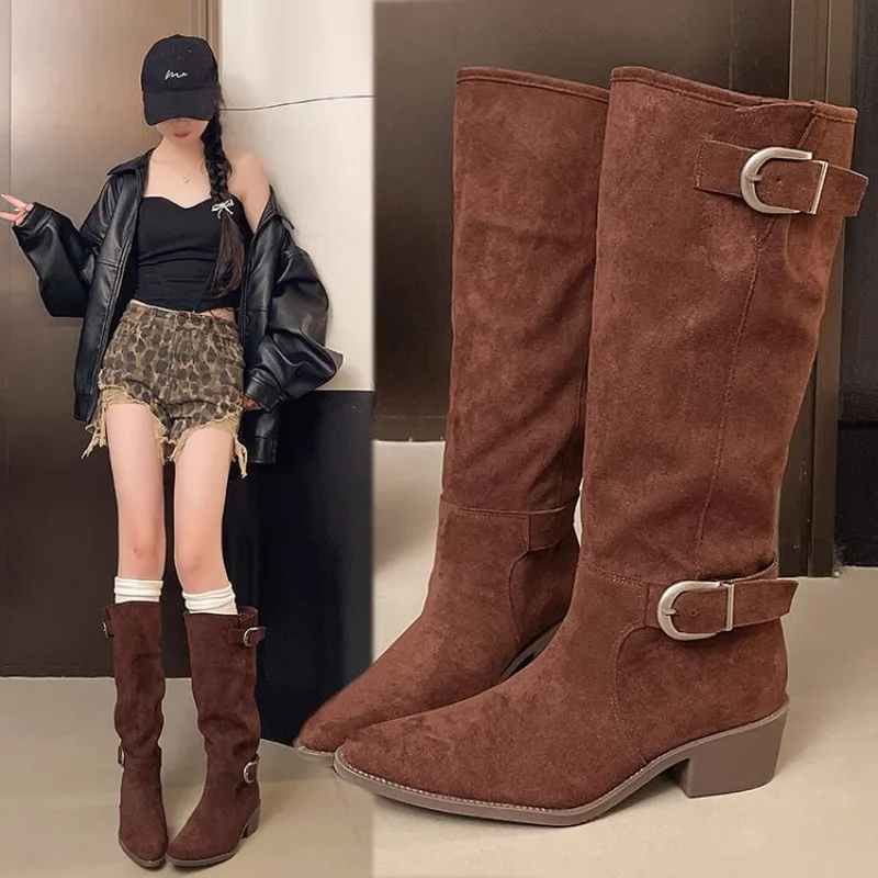 

Autumn Winter Fashion Long Booties Shoes Thin Heels Concise Pointed Toe Pleated Knee-High Boots Women Zapatos De Mujer Plus Size