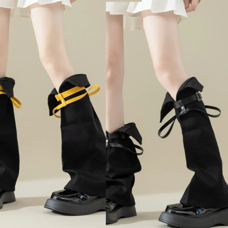 Women Fashion Leg Warmers Y2K Long Leg Socks JK Students Girls Boot Socks Leather Buckle Leg Cover