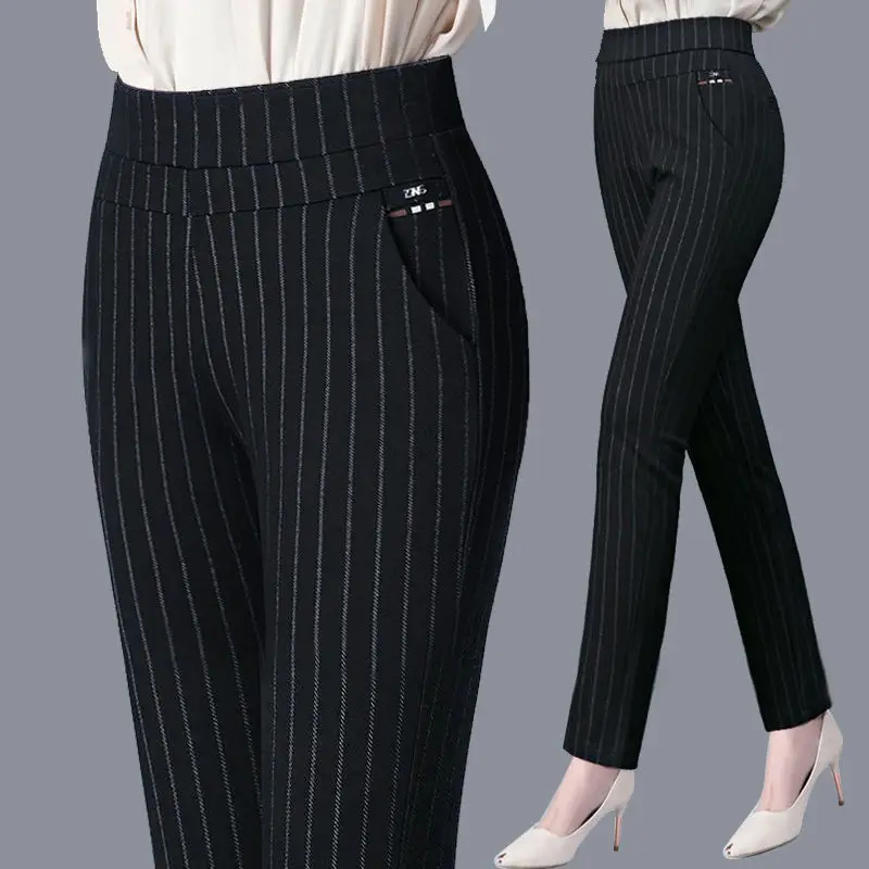 Women Elastic High Waist Striped Straight Pants Thick Elastic Slim Casual Trousers For Middle Aged Ladies