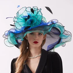 Summer Organza Kentucky Derby Hats For Women Elegant Fascinator Hats Ladies Large Wide Brim Church Wedding Hat With Big Flower