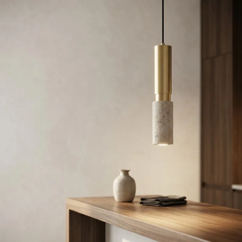 Natural Stone Travertine Pendant Light Brushed Gold Metal LED Hanging Lamp Decor Ceiling Pendant Light Cafe Bar Counter
