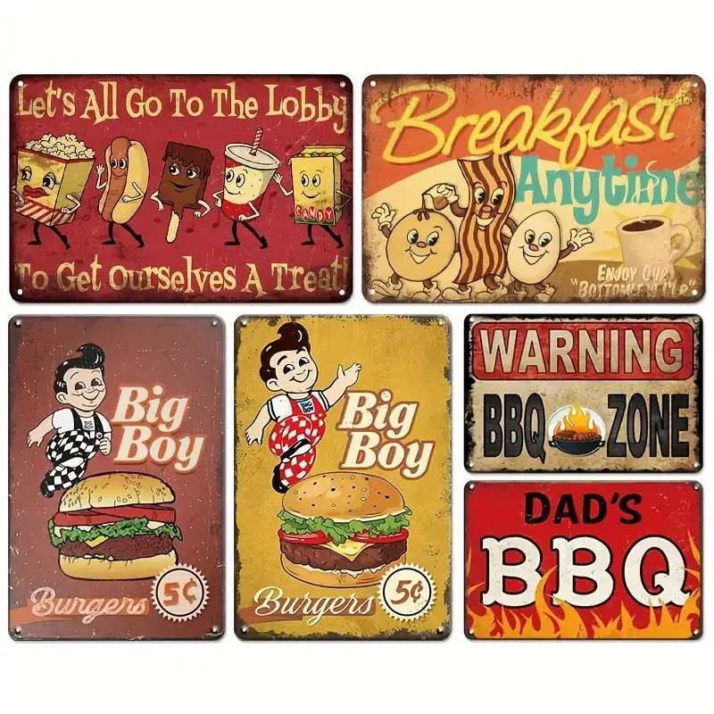 

6 шт. винтажные вывески для гамбургеров — ретро-декор для барбекю с классическими американскими темами фаст-фуда — прочные металлические плакаты для кухни, Ca