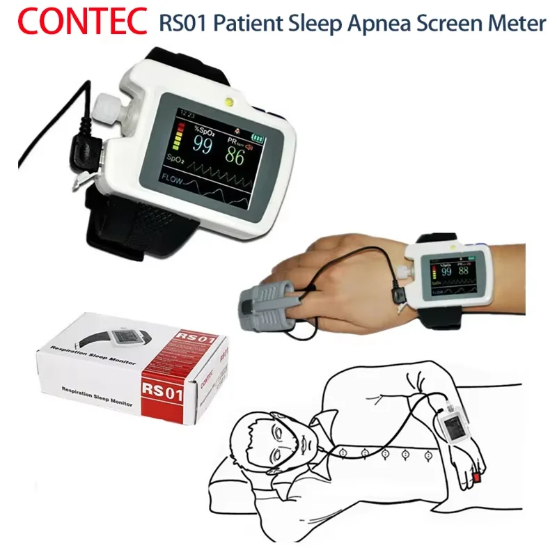 

RS01 Patient Sleep Apnea Screen Meter Nose Air Flow Wrist Respiration Sleep Monitor Spo2 PR Alarm Nasal Cannula Record Software