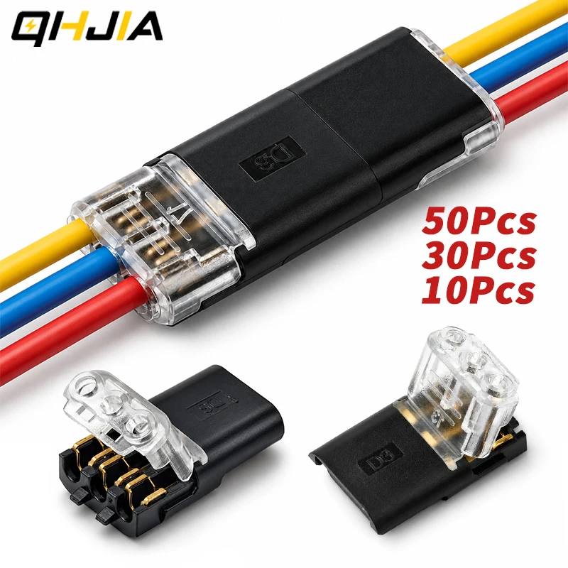 Electrical Cable Connector 3 Pin D3 Inline Plug Wire Connector Quick Locking Buckle Terminal 22-18AWG 10A 300V for LED Lighting