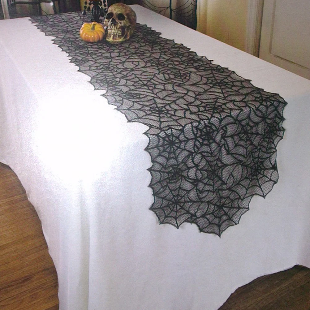 

2Pcs Halloween Lace Spider Web Tablecloth Black Large Fireplace Cloth Table Runner Protective Home Kitchen Party Decoration