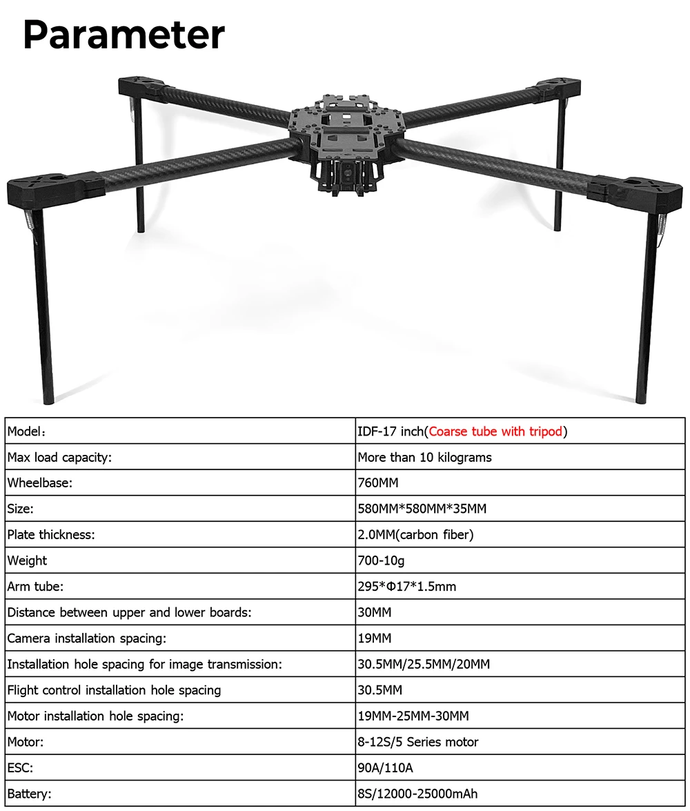 

9IMOD IDF 17-дюймовая рама гоночного дрона FPV 760 мм 8S Lipo 10 кг максимальная нагрузка 2 мм из углеродного волокна со штативом для гоночного дрона FPV