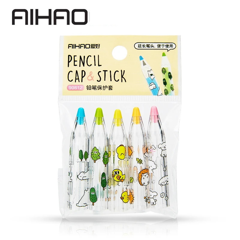 Elementary School Cartoon Lápis Cap, Case Proteção, Pen Cover, Extender Caps, Material Escolar, 5Pcs