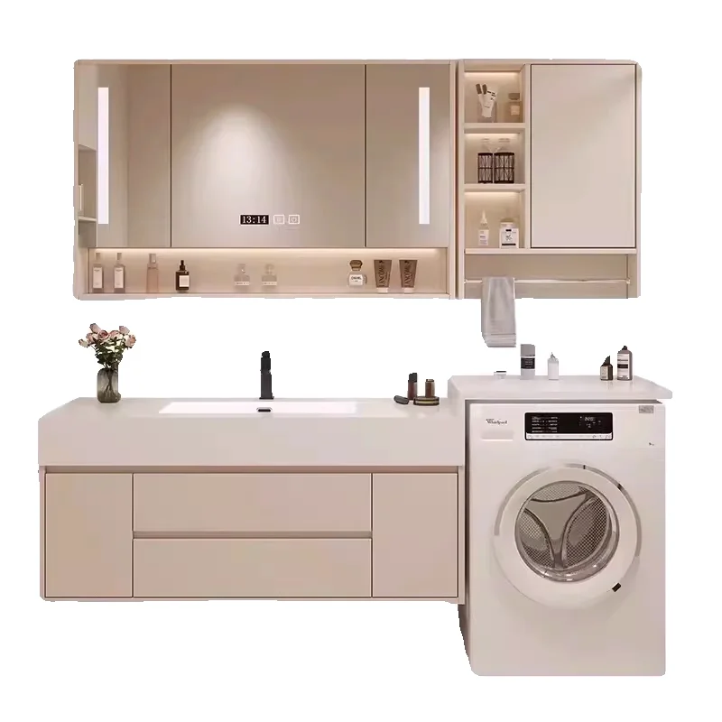 

Комплект мебели для ванной комнаты: тумба с раковиной, интегрированная стиральная машина, бесшовная керамическая раковина из каменной плиты, умывальник для ванной.