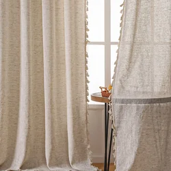 Boho Linen Semi Blackout Curtains 1 Panel Rod Pocket Farmhouse Cream Handmade Cotton Burlap Stitching Lace Tassel Curtain